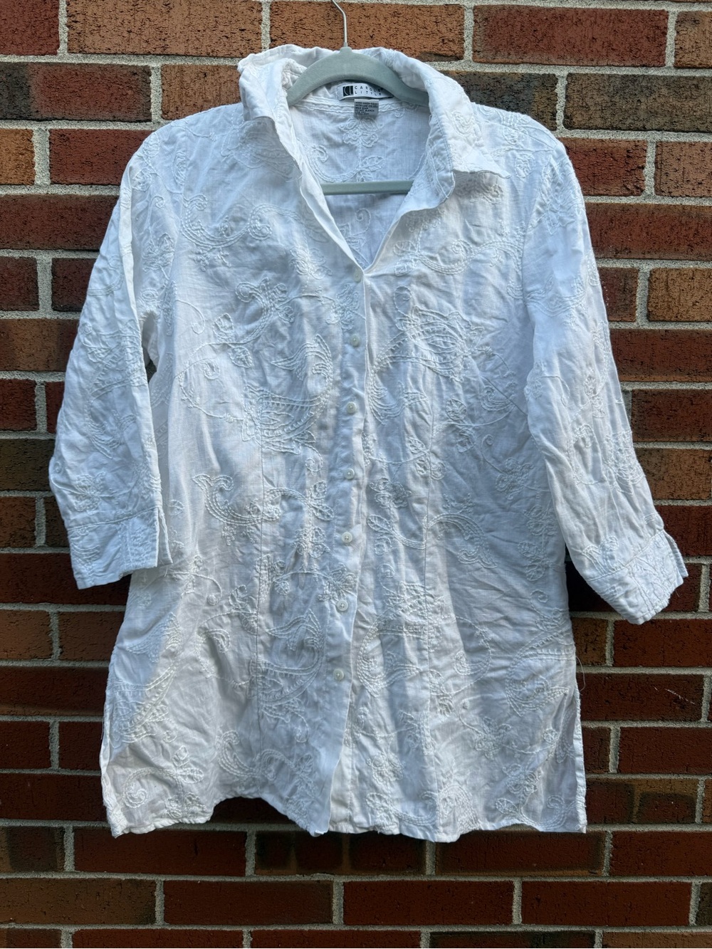 Carole Little White 100% Linen Embroidered Tunic Blouse Size XL